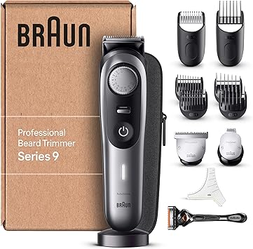 Braun Recortadora Profesional De Barba Series 9, Cortapelos Hombre Con Accesorios De Barbero, Base De Carga y Funda De Viaje, Uso En Seco y En Mojado, 180 Minutos De Autonomía, BT9440